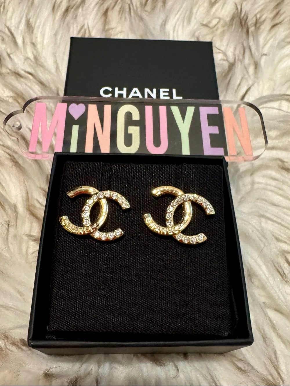 CHANEL 25A Gold Crystal CC Logo Earrings